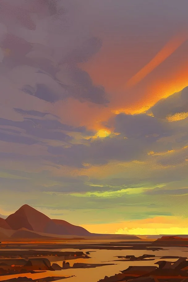 a paint of a land scape with big rocky rift and orange sky with a few clouds