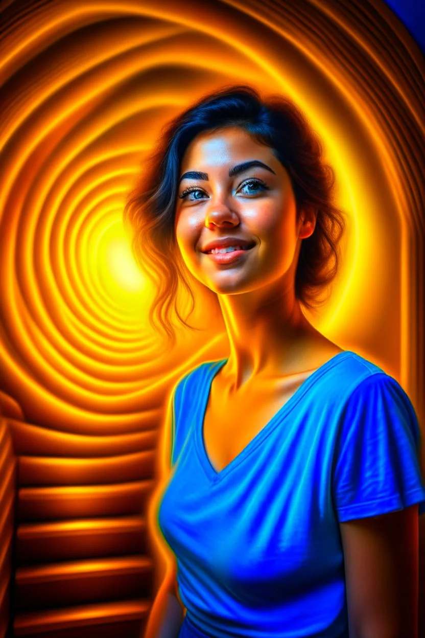 awake inside a dream, woman smiling online in the style of a master italian painter, spray paint, photo realism, trending on art station, 8k, depth of field, down light, light rays, volumetric, reflective spiral staircase, blue, yellow, golden brown and orange