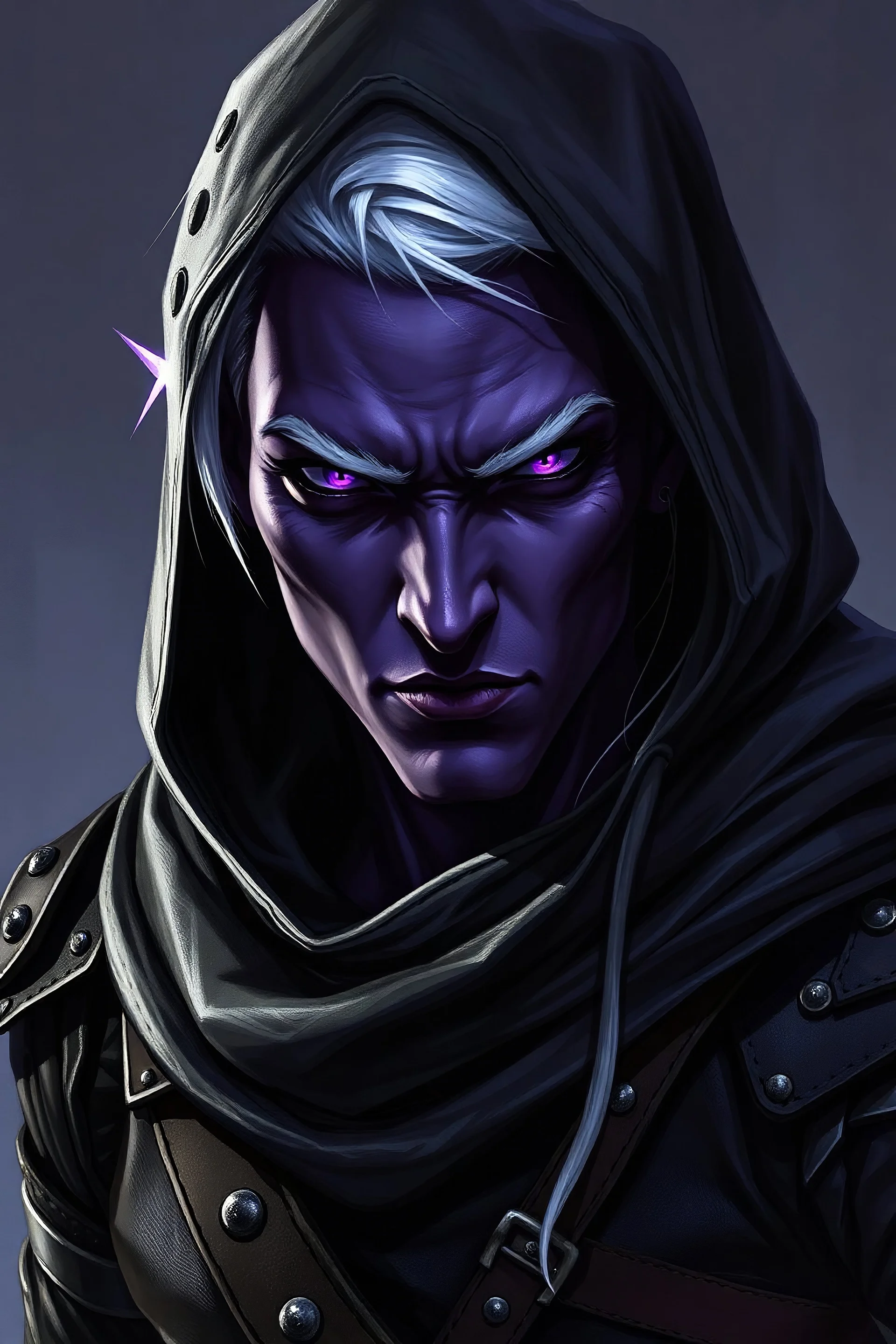 male Drow rogue from dungeons and dragons, his skin is of a very dark purple almost black, white short hair, undercut, piercing violet eyes, wearing leather clothing that also looks studded, realistic, digital art, high resolution, strong lighting, wearing a hood