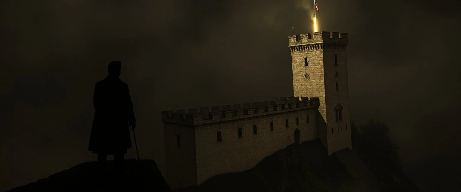 person looking down from top of castle, He’d turn the castle into a mood, not just a building Instead of a clean, detailed fortress, you’d likely get something emerging from shadow—half-hidden, dramatic, almost mysterious. Think less “tourist postcard,” more “something important just happened here.” Light would be the main character Rembrandt’s signature style—Chiaroscuro—would dominate. Maybe a single beam of light hitting a tower while the rest fades into darkness.