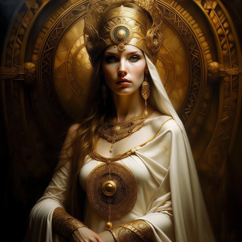 Oil painting in the style of Lawrence Alma Tadema and Michal Karcz and Enki Bilal. A beautiful Celtic priestess with tattoos of Celtic symbols on her upper body. She wears an open white sheer silk cape with gold symbols and a detailed headdress symbolizing the mysteries of ancient Avalon. A golden torque bracelet wraps around her upper arm. Very detailed, in the style of atmospheric tonalism. Elegant, intricate, 4k, mood lighting, perfectly lit, oil on canvas, contemporary impressionism, by Naot