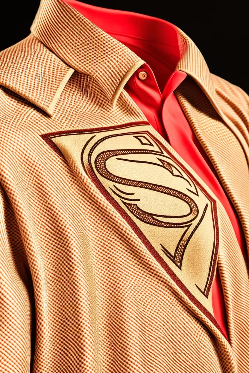 Men's Superman's Gucci Winter Dress Shirt elegant inspired by Superman's emblem design beige tones with dual color on a white background, product catalog photography, soft spot lighting, depth of field, 4k –ar 3:5 –q 2