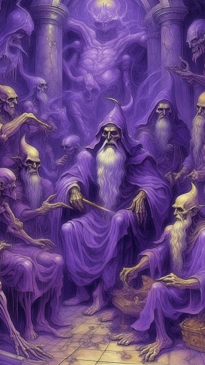A purple underworld realm with Halloween spirits painted by Leonardo da Vinci