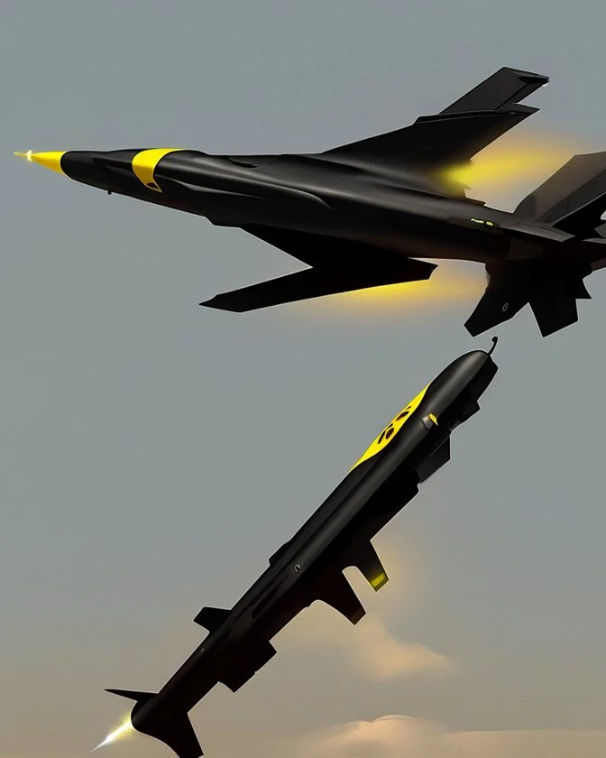 A black missile flying in the sky with a yellow dot