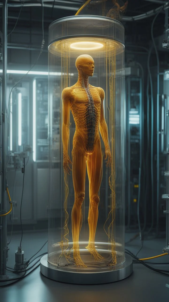 Sleeper in tube cabinet made of glass filled to the top with honey coloured liquid , in a laboratory inside it a half alien and a half human creature body standing vertically inside , connected with wires and electrical wires , the human standing in side, a high tech equipment in the background ,4K, cinematic, high resolution