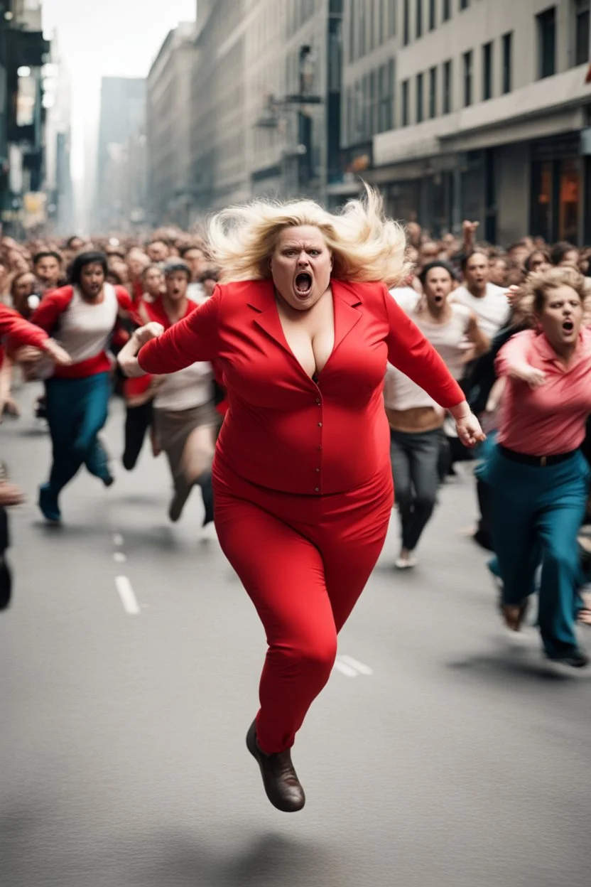 an obese terrified blonde woman in a red pant suit desperately running away from an angry mob of thousands of people chasing her down a city street