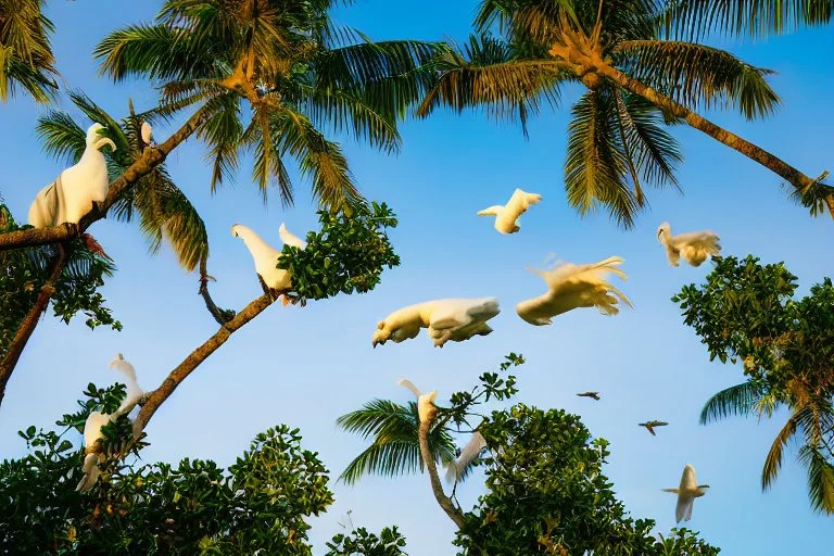 cockatoos, tropical paradise island, sunset