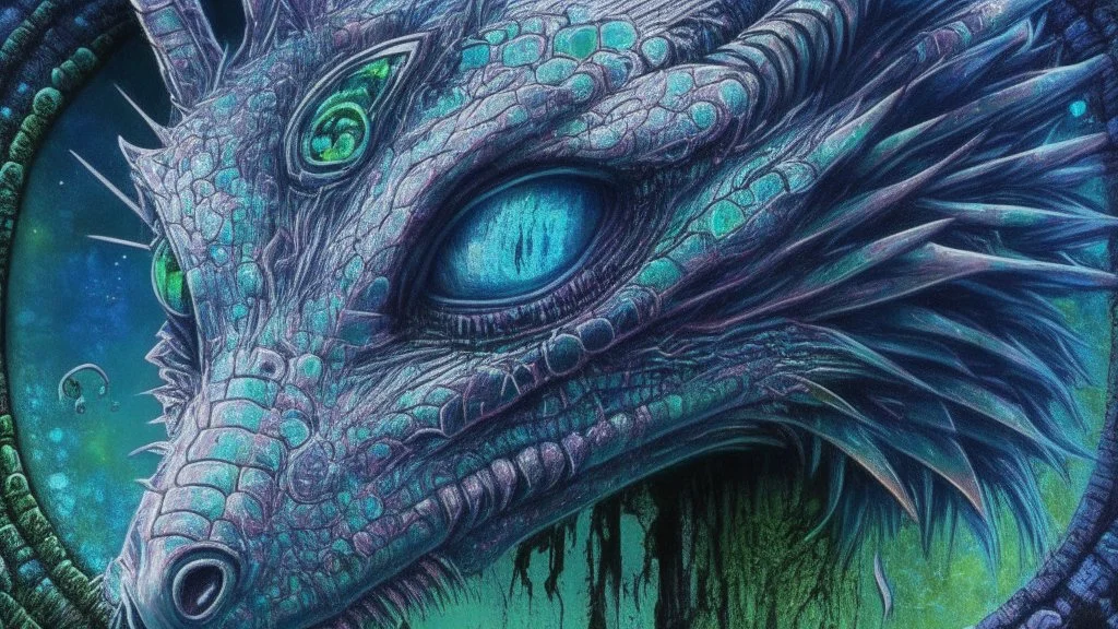 Demon-eyed Dragon with blue-gray-green iridescent scales Piercing thorough Indra's Net; Alex Pardee; surrealism, meticulous, mysterious, ominous, beautiful, award-winning, intricately detailed