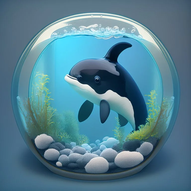 A cute little orca in a small circular fish tank.