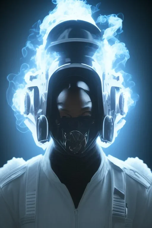 All Black American soldier, wearing high tech mask, white smoke, dark, rage, sorrow, high definition, ultra 8 k, volumetric lighting, blue fire, fog