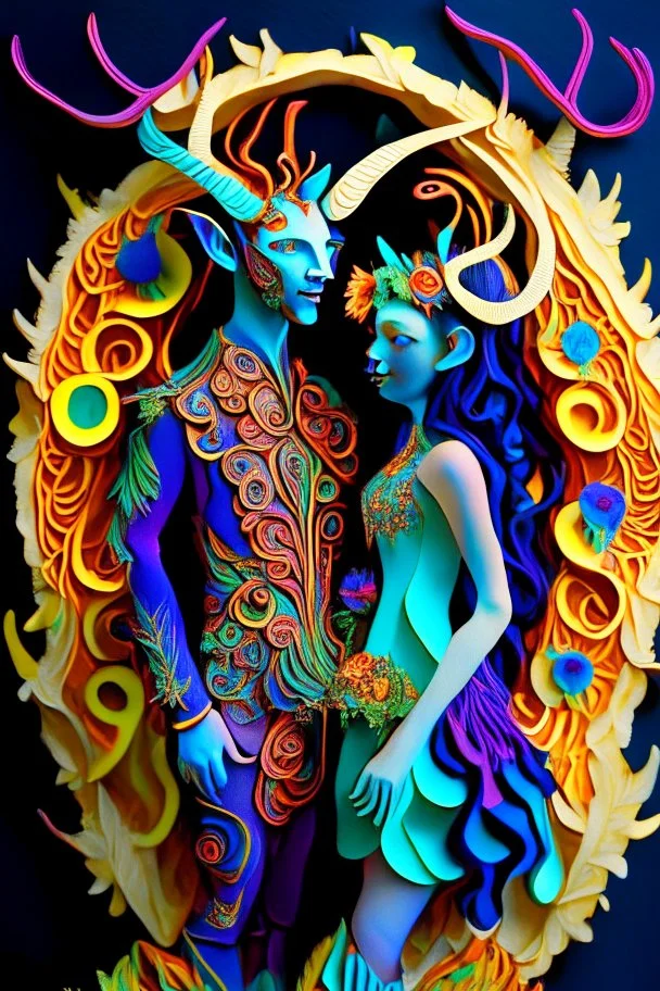 "Satyr Union"; surreal Satyr and Nymph couple wearing colorful Royal wedding attire made with quilling found in nature; Avant-garde