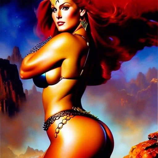 portrait oil on canvas, beautiful booty busty Red Sonja, minimal armor,comic book cover, mystical colors,insanely detailed,realistic,intrincate detail, 16k resolution, masterpiece,Frank Frazetta,Alex Horley, Simon Bisley,