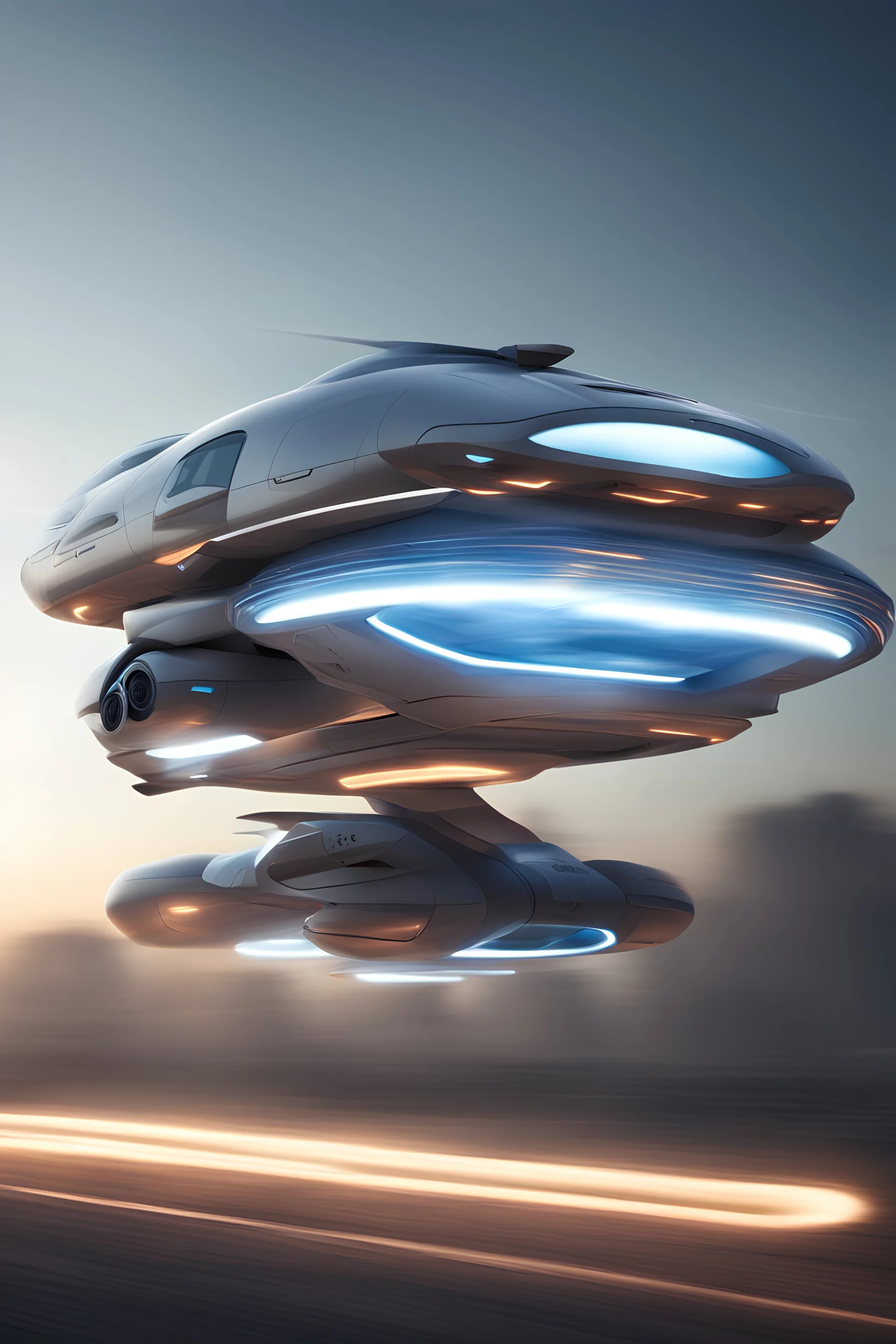 hovering vehicle with lights and is long, that can travel and carry people