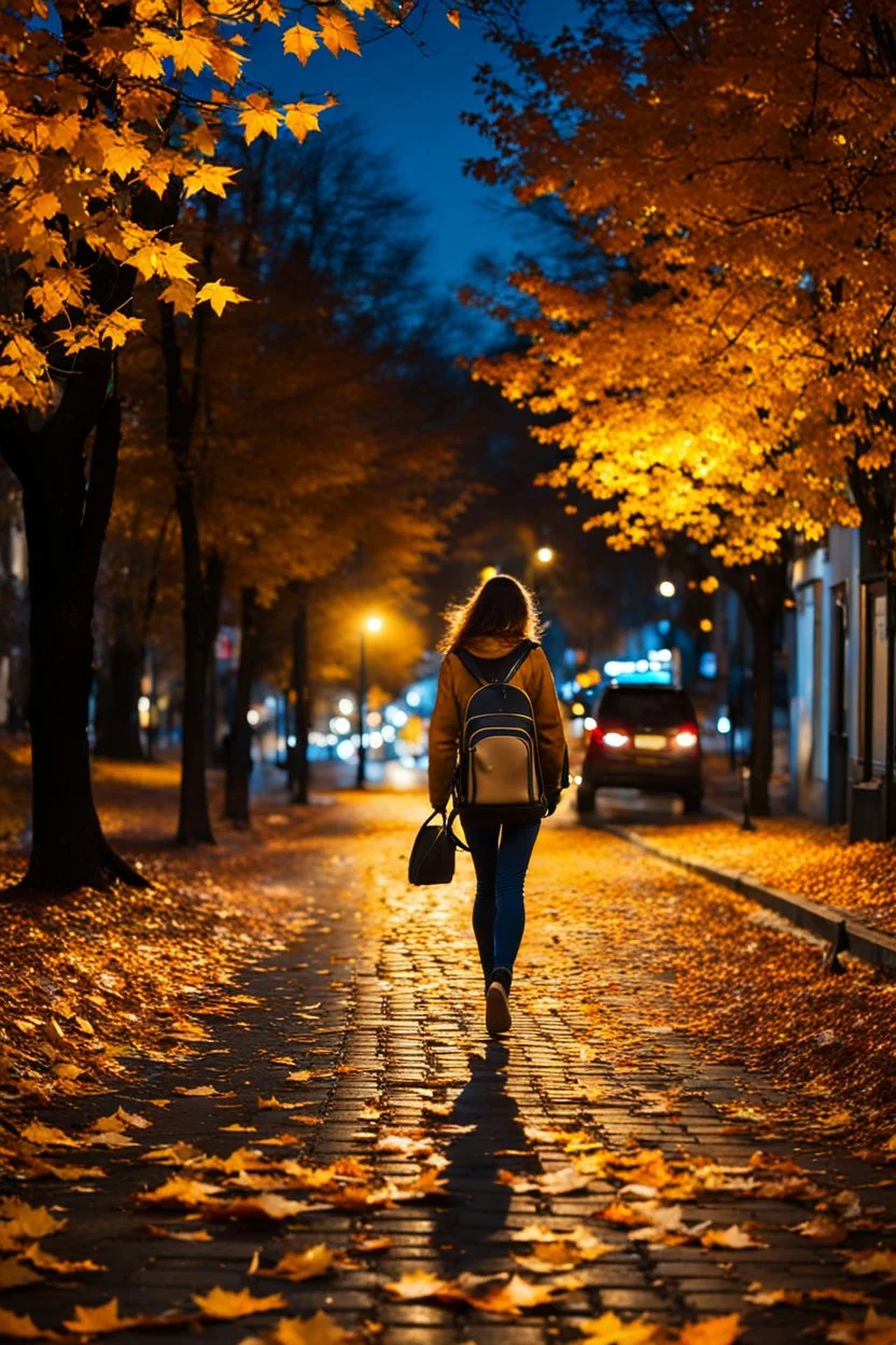 night yellow lights over the street trees autumn leaves under feet ,a Student adult girl with books in her bag walking in street back to camera