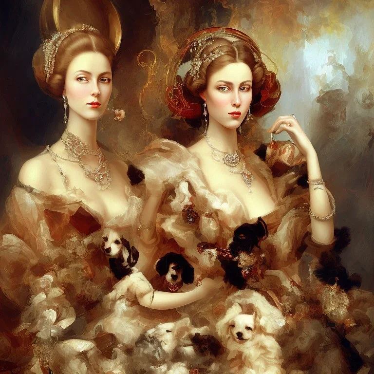 an abstract painting of an elegant lady, smoking, with two dogs