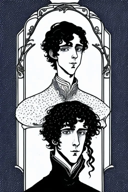 Black haired blue eyed freckled young male wizard in the style of aubrey beardsley