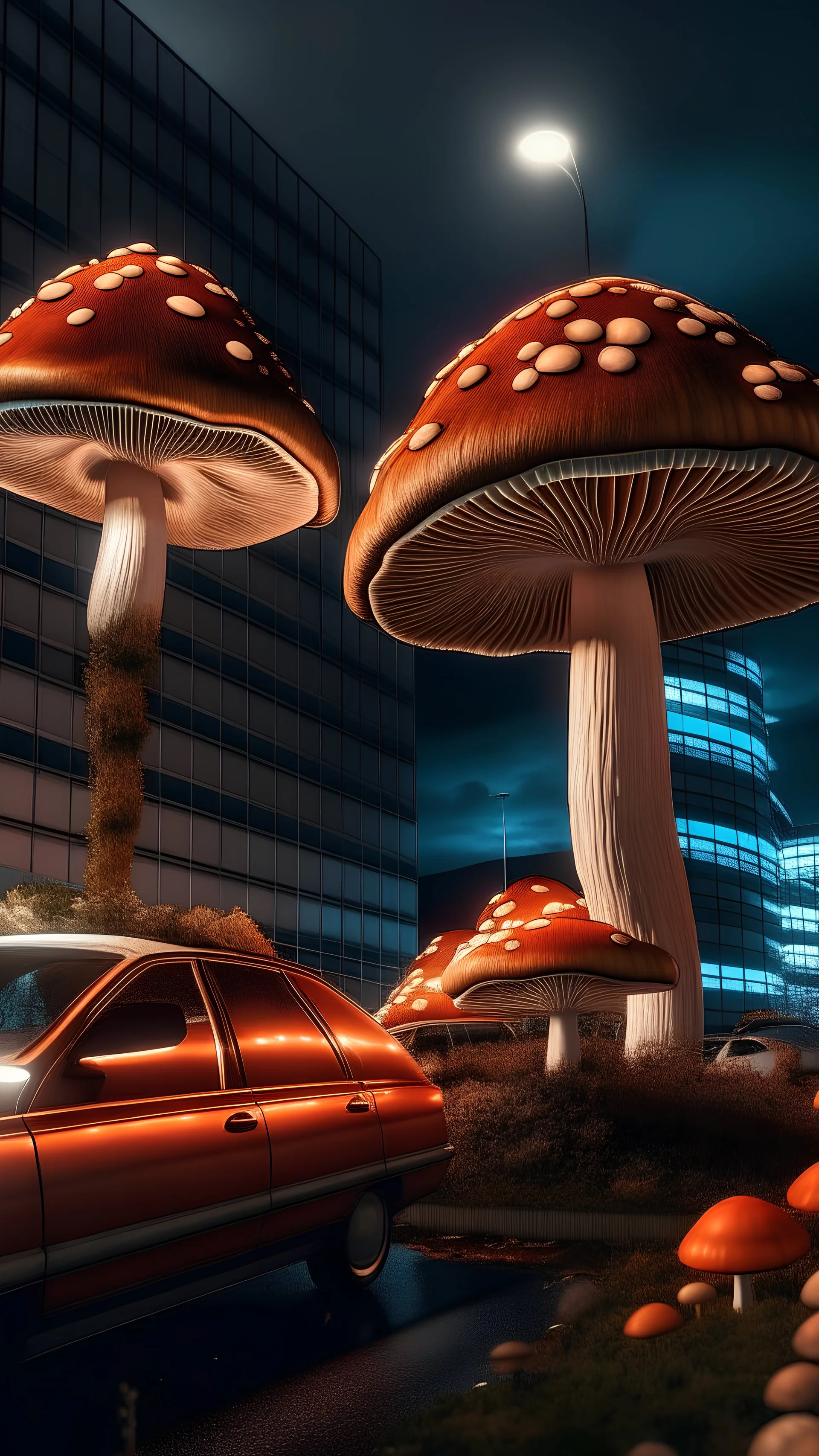foto hiperrealista de hongos luminosos y brillantes que crecen sobre los autos y edificios. Bajo un cielo estrellado