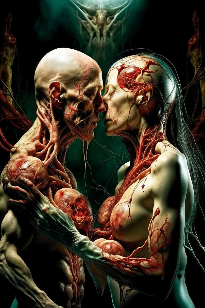 cinematic gore photorealistic fleshy dmt lsd photo of 2 bodies making love, 1 male 1 female, 1 soul, complementary, anatomically fragmented, ripped apart again being flayed, skinned alive. A beating heart, muscles, blood vessels, bowels, entrails are exposed. anatomy. physiology. Bosch and Dali inspired hallucinations. mythology. grotesque.