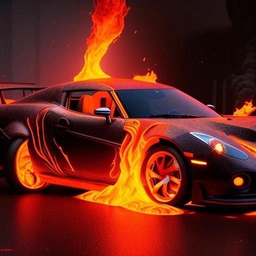 volumetric sweeping view of detailed phong shaded rendering of a car made of only molten lava, headlights, bumpers, whole car is lava