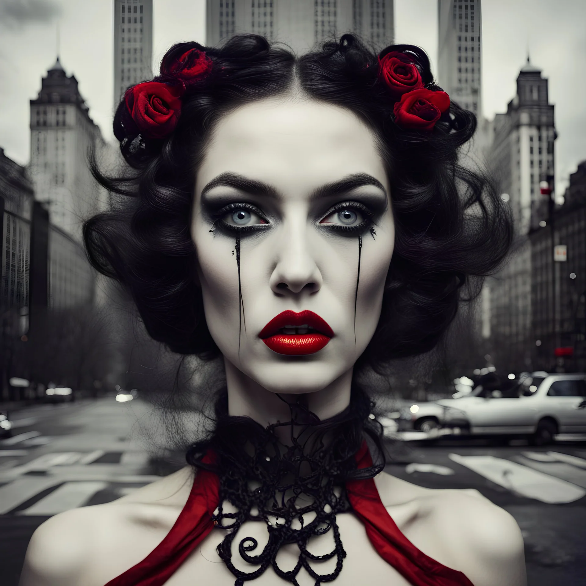 a photo of gothic girl, surrealism style, dali, three eyes in your face, red lips, newyork city