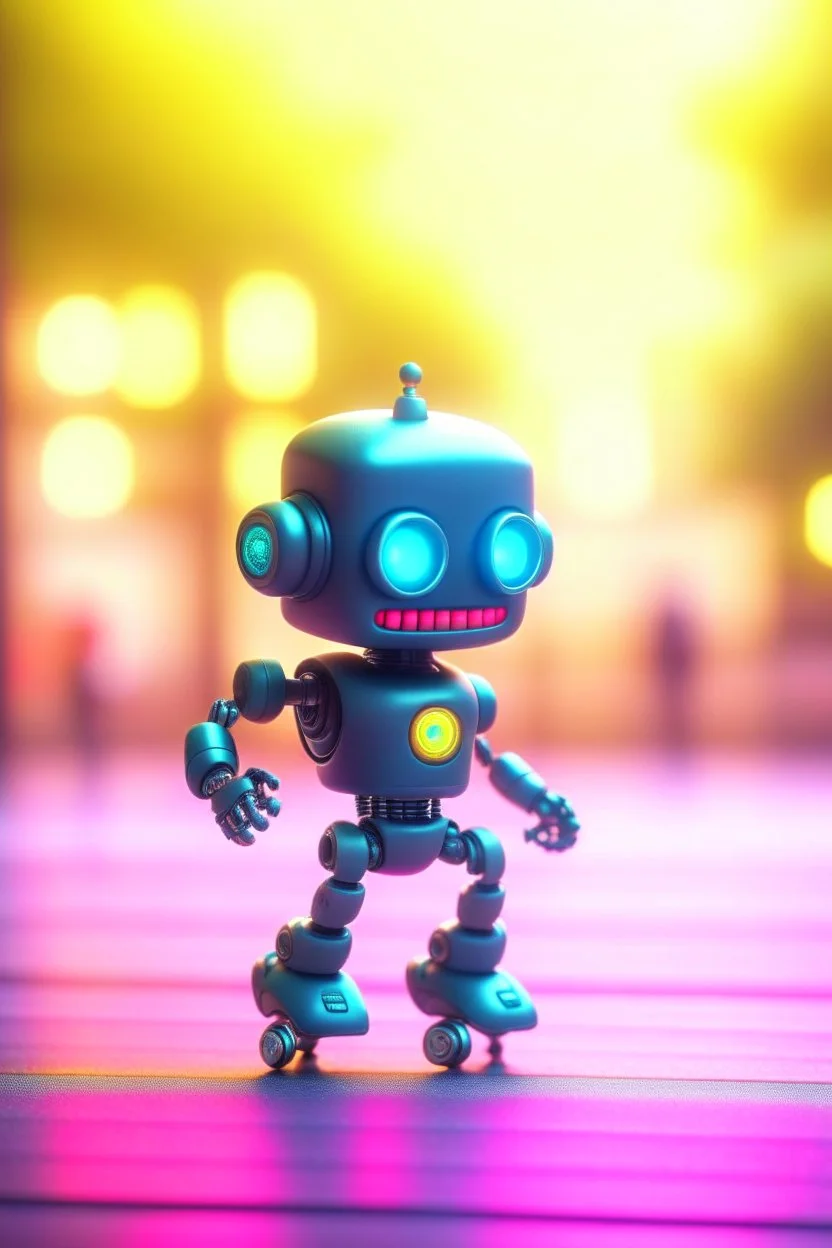 80s cute chat robot with suit and tie and rollerskates,in skating park, its such a perfect day, motion blur, smoke, 8k, downlight, soft light, depth of field, photorealism, trending on art station, some detail