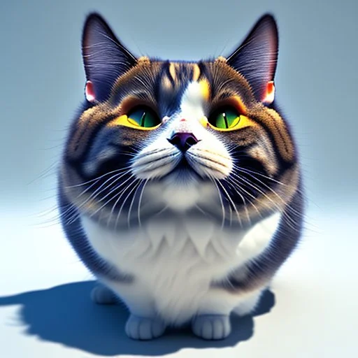 Gato furioso, extremadamente gordo, supergordo, cabeza muy pequeña, orejas pequeñas, bigotes largos, piel peluda, calidad ultra, hiperdetallado, hiperrealista, arte digital, cabeza muy pequeña, 8k 3D