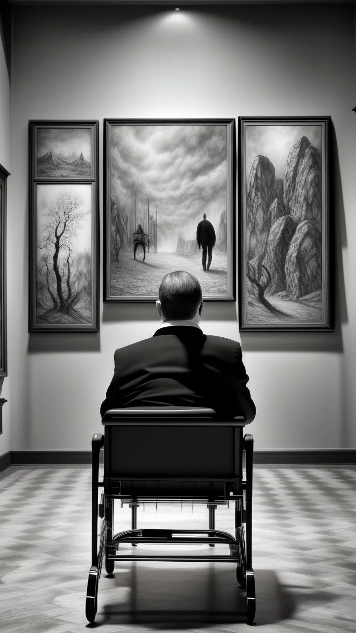 a rear view of a man sitting on a wheelchair facing a a surrealism picture on the wall ,