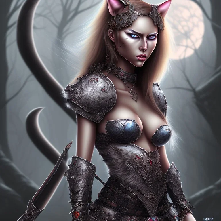 Sexy female warrior cat eyes full body battle background