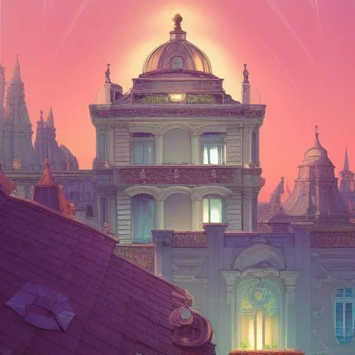 Garden rooftops A Vignola classicism Architecture building with futuristic glass building +detailed facades+highly detailed++ Book illustration by Gediminas Pranckevičius, Jean Baptiste Monge, Brian Kesinger, Anton fadeev, strong lines, high contrast vibrant colors, 16k resolution, trending on behance""