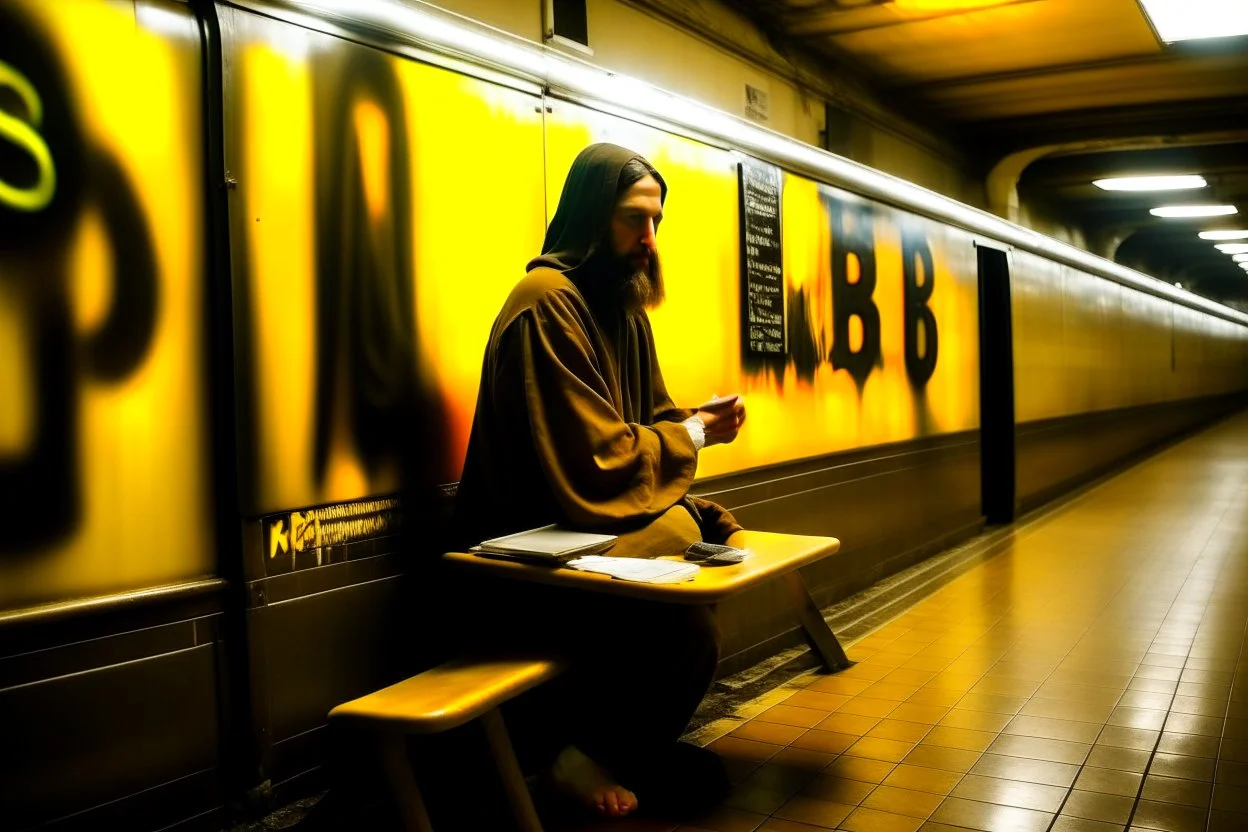 Jesus Christ is Writing the text: :KEBAB BROTHERS: everywhere in Graffiti text, in train station