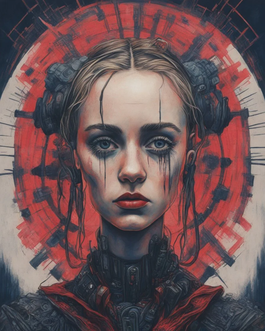 A portrait of a Singer Danish MØ face, cyberpunk, symmetry, hyperdetailed, painting by John Kenn Mortensen,darkblue and red tones,