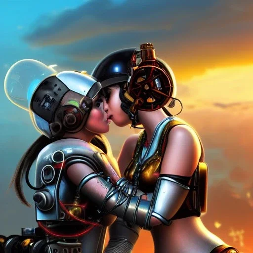 great illustrator, spanish, realistic rendering of a cute spanish girl kissing a cyber girl with helmet, beautiful, steampunk style. Helmet with tubes. Machinery in the background. robotic bird flying. High details. 4k. unreal engine, sunset