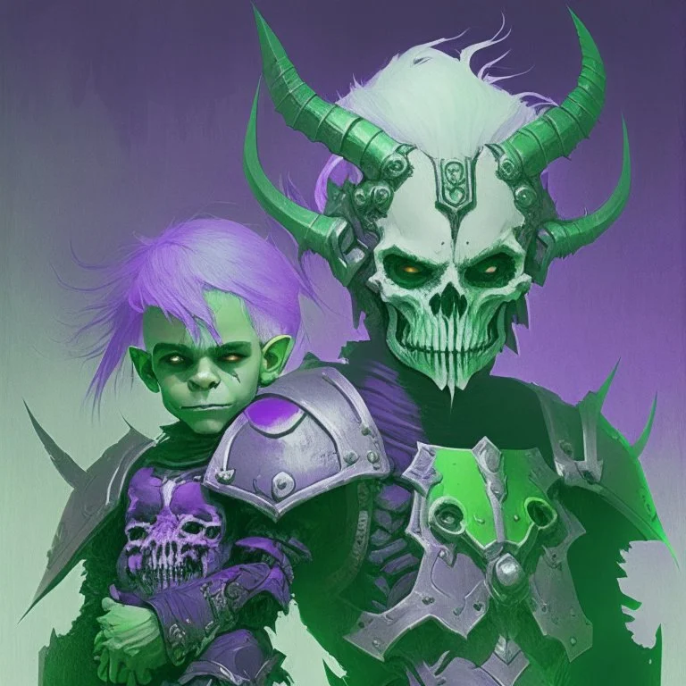 Demonio con armadura verde y negro y casco de calavera posando con un demonio joven de armadura morada y verde con cabellos blancos