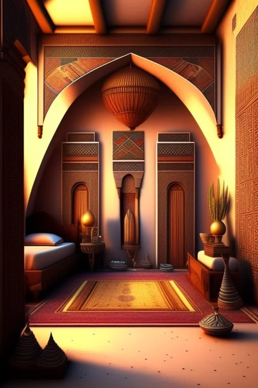 An Egyptian bedroom with arches, a big bed, cushions, rugs, lamps