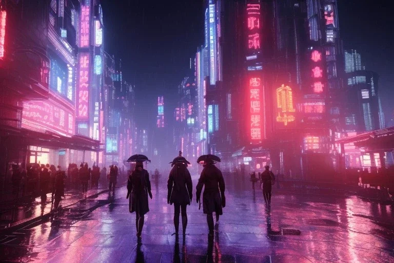 3D, beautiful, light reflecting, empty future city at night, rainy night, neon, cyberpunk, tron, cyborgs walking, 8k, finely detailed, photo realistic