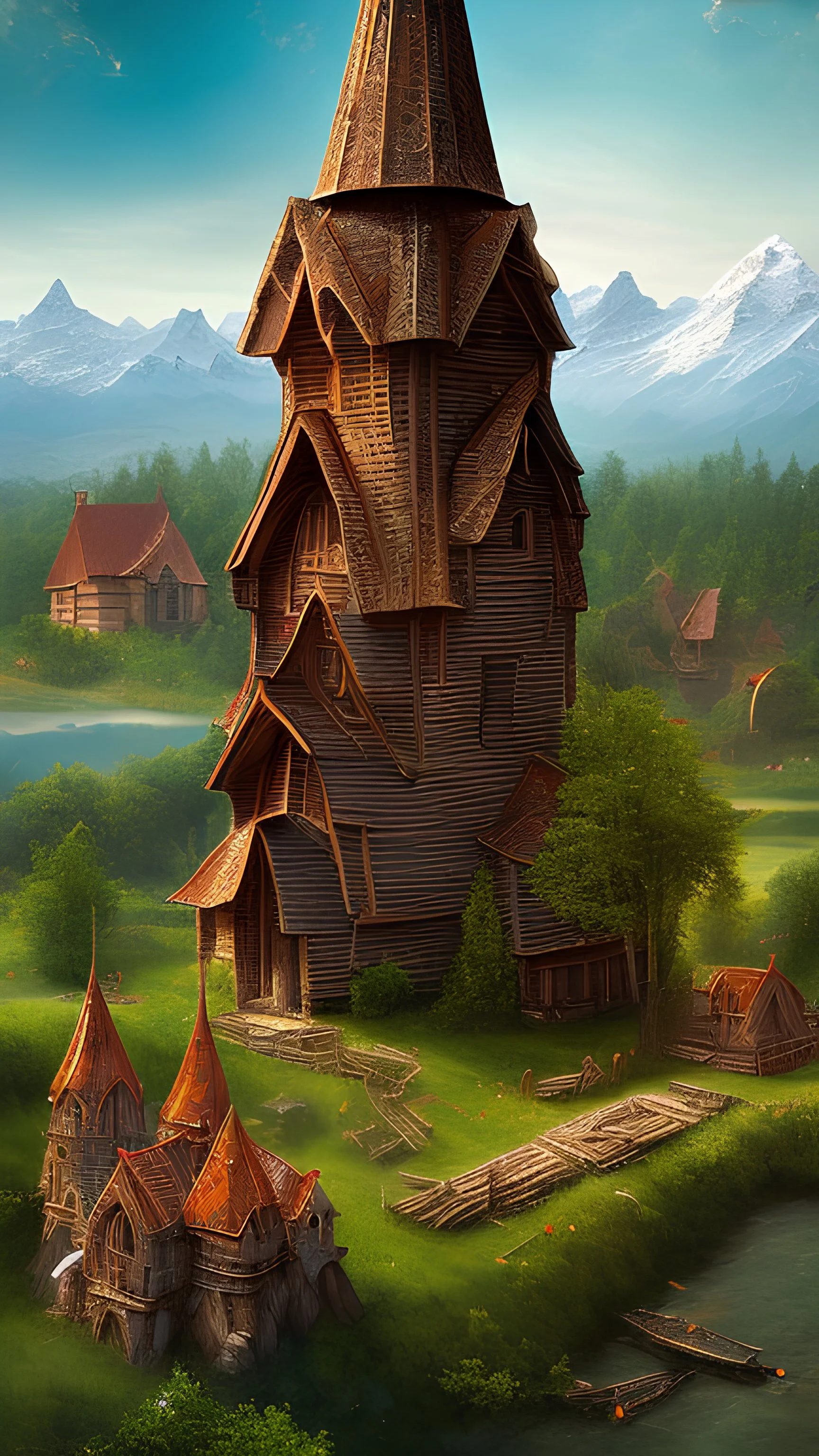 New round cylindrical enormous wooden church with cone-shaped roof in rural surroundings, and mountains in the far distance, highly detailed, realistic, sunshine, RTX