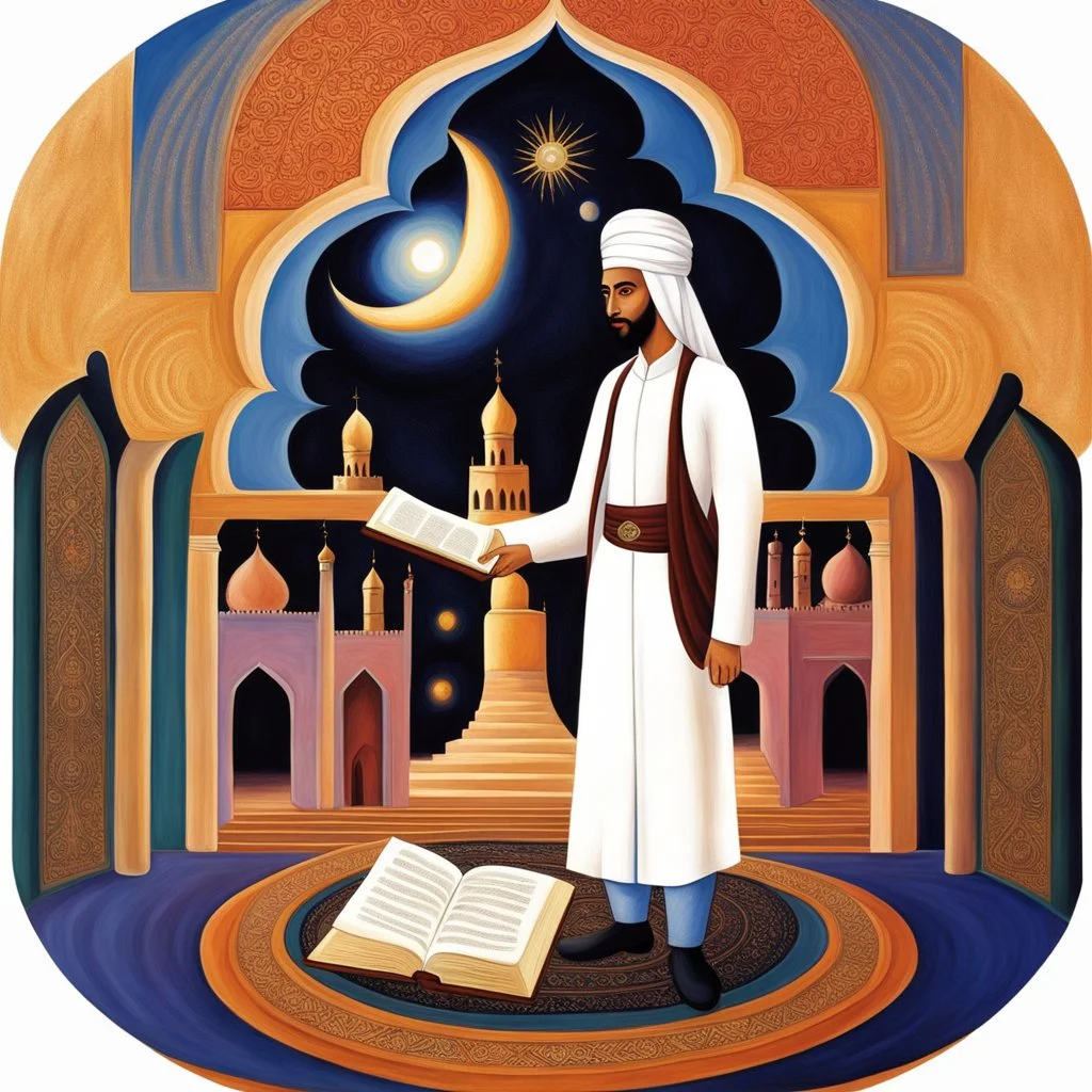 full_body:: Young sheikh with ornate book and swirling mana:: in a Moghul mosque at sunset:: by artist "Leonora Carrington", by artist "Tarsila do Amaral":: Cinematic lighting with shadows emphasizing the character's determination:: eye_level perspective::