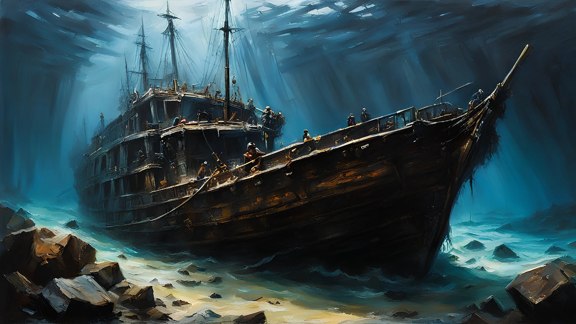 acrylic illustration, acrylic paint, oily sketch, hyperrealistic art image of Sunken Treasure, The Shipwreck of the Maravillas, scary, gloomy, extremely high-resolution details, photographic, realism pushed to extreme, fine texture, incredibly lifelike, by [Iryna Yermolova | Conor Harrington]