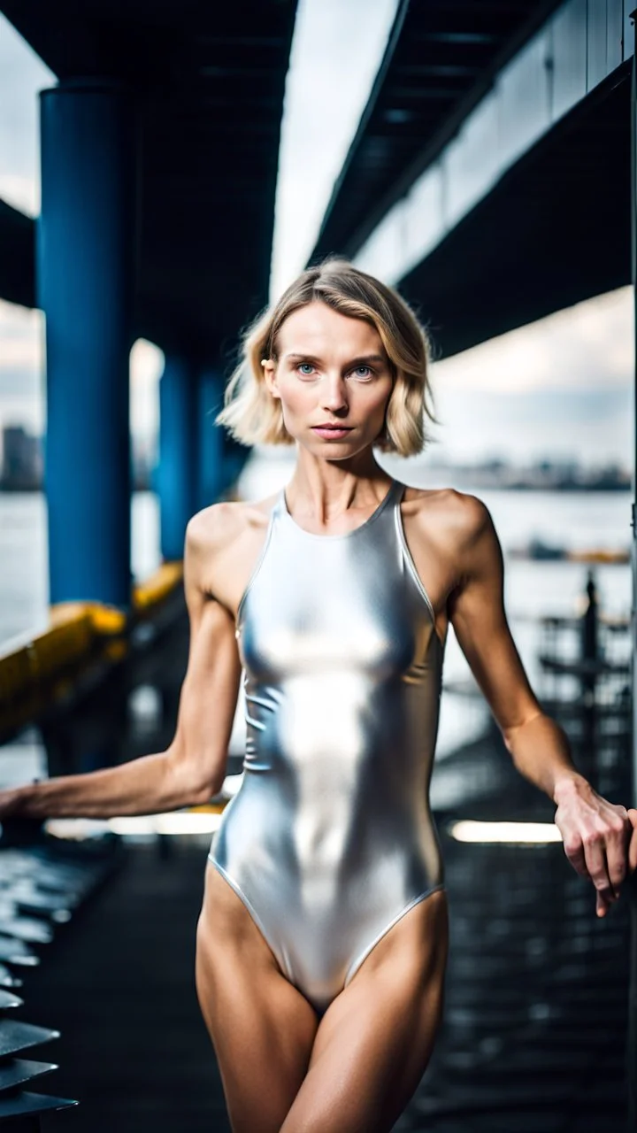 beautiful anorexic ukrainian woman, total shot, shiny silver triathlon swimsuit, short blond wavy bob hair, blurred city background