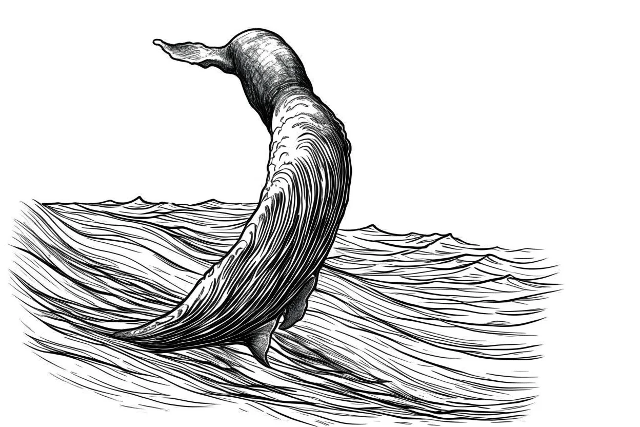 The whale's tail rises above the sea. The sketch is linear in black and white. HIGH-QUALITY image IN 8K