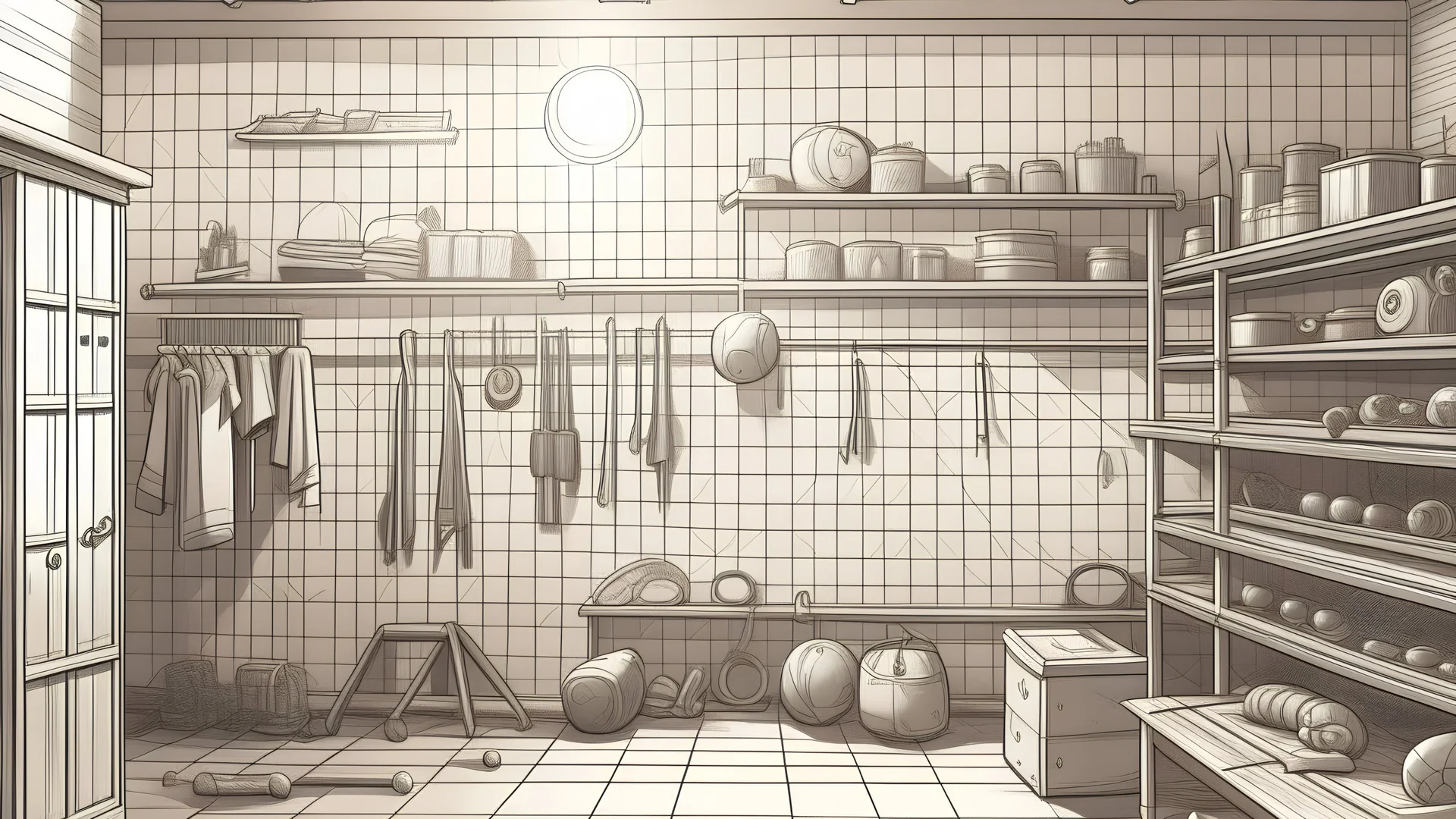 The wall of a garage filled with sports equipment, a beam of sunlight is cast on the wall. Hand drawn illustration.