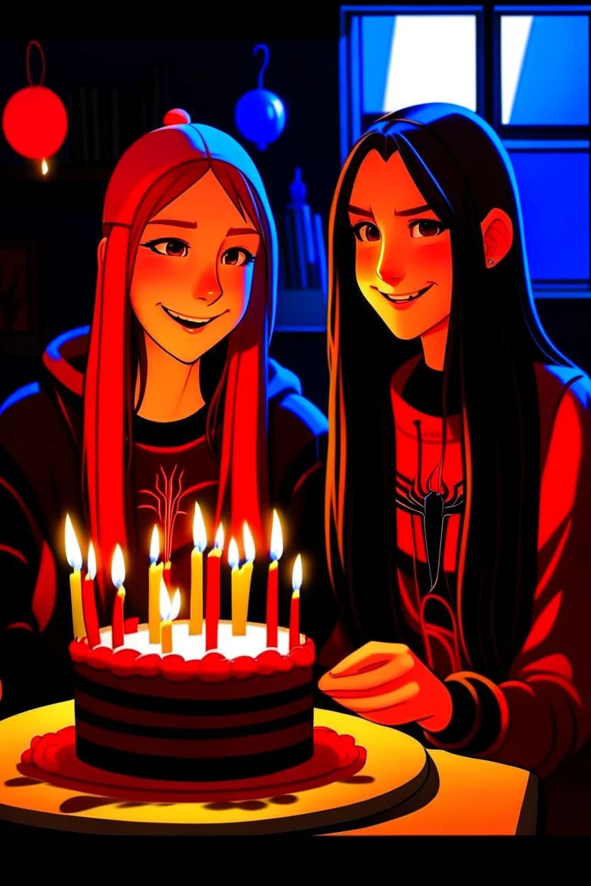 spiderman into the spider verse tarzı 17 yazan mum ile doğum günü kutlayan 2 kız birinin saçı kısa karakterlerin görüneceği kadar aydınlık soldaki kızın saçı daha kısa yüz ifadeleri değişsin çizgi roman tarzı gölgelendirme