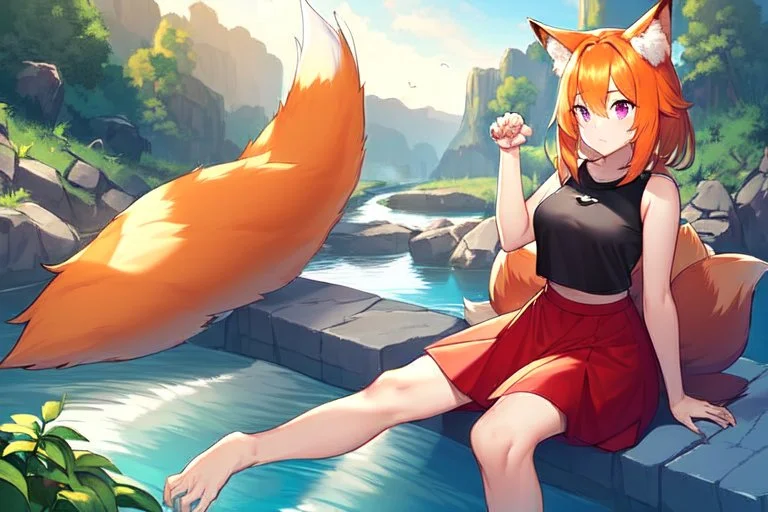 Girl, fox ears, one big fox tail, orange hair, red skirt, river, fox foot , sit on the shore, purple fox eyes, black T-shirt, fox paws hand