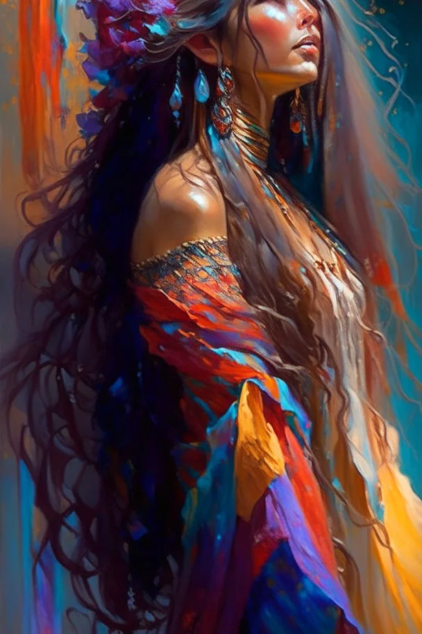 A stunningly beautiful bohemian enchantress with flowing locks of hair cascading like a waterfall down her back adorned in a captivating and vibrant traditional gypsy dress that exudes an air of mystery and allure, Highly detailed, Vivid colors, Warm lighting, Dreamlike, Magical, art by ruan jia and mandy jurgens and artgerm, Digital painting, Sharp focus, Portrait, Trending on Artstation HQ, fantasy.