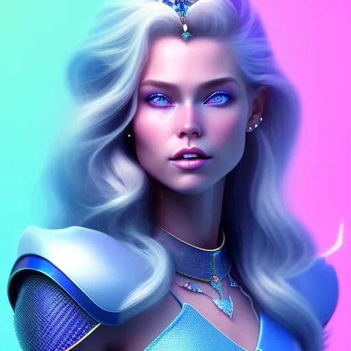 A portrait of a full body crystalised blue pink queen,smiling face, blue eyes, long blond hair, atmospheric, realistic, unreal engine, lighting