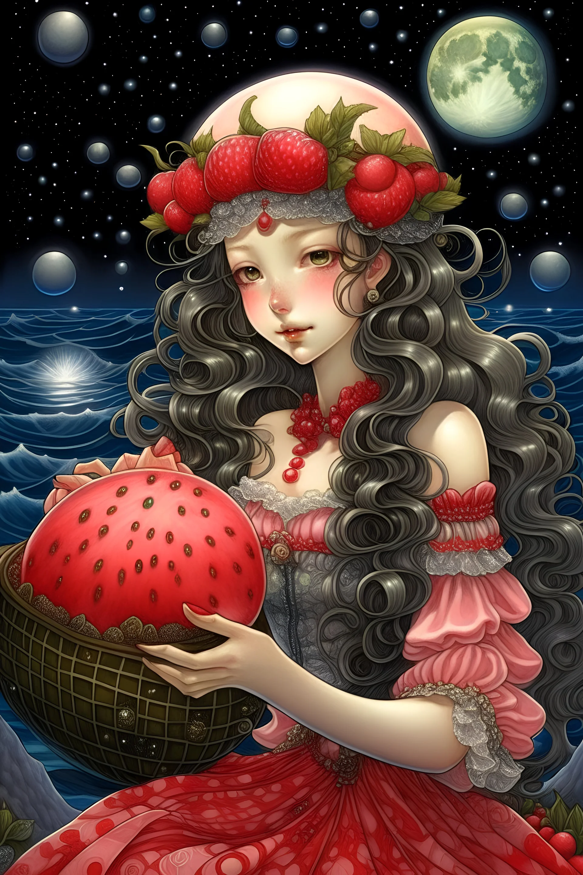 Adrienne Segur Japanese Anime Sci-Fi Fantasy Strawberry Parfait sea side Moon Night solo girl detailed definition resolution quality