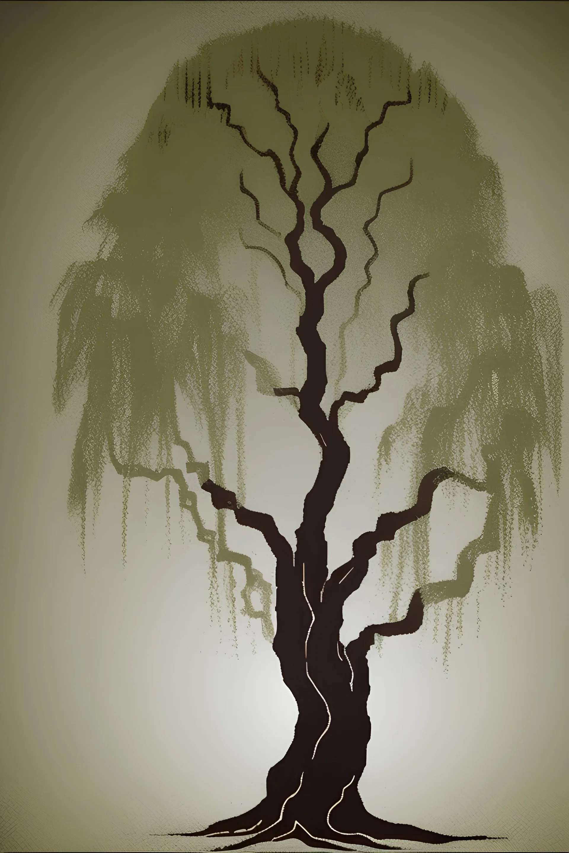 Logo of a willow tree outside a square window with an arch, monochromatic