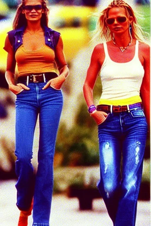 year 1996 denim fashion. Loose fit, low waist. Colors: denim blue, blue, purple, khaki, light green, lilac, plum, orange, terracotta, red, light yellow, lion yellow, pink, dark blue, beige. Women models. Jennifer Lopez, Kate Moss, Gwyneth Paltrow