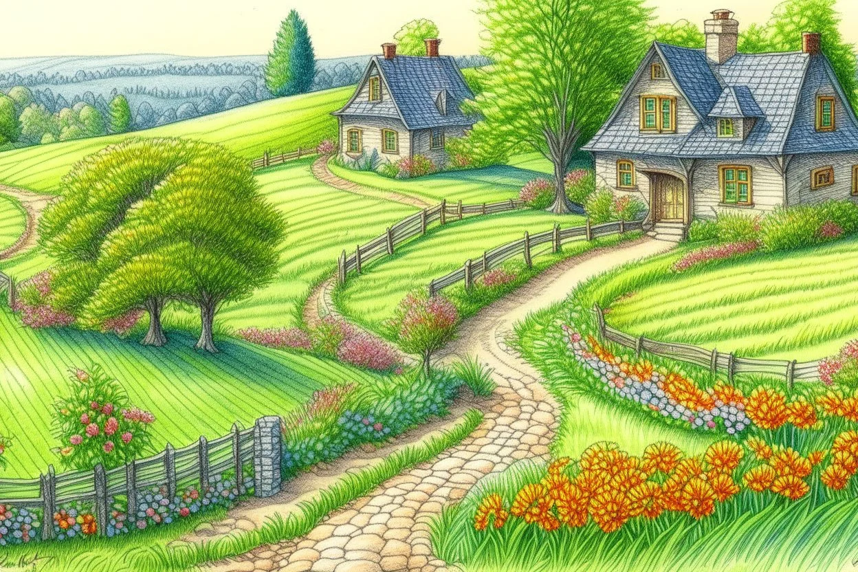 colored pencil sketch of a winding path to a country home --ar 4:3 --s 150