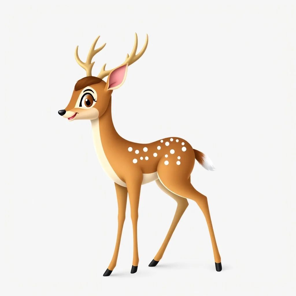 full body of a bald white tail deer with antlers, standing with big smile facing the left and big eyes looking to the left , on flat background, in the style of 'My Little Pony' and Bambi